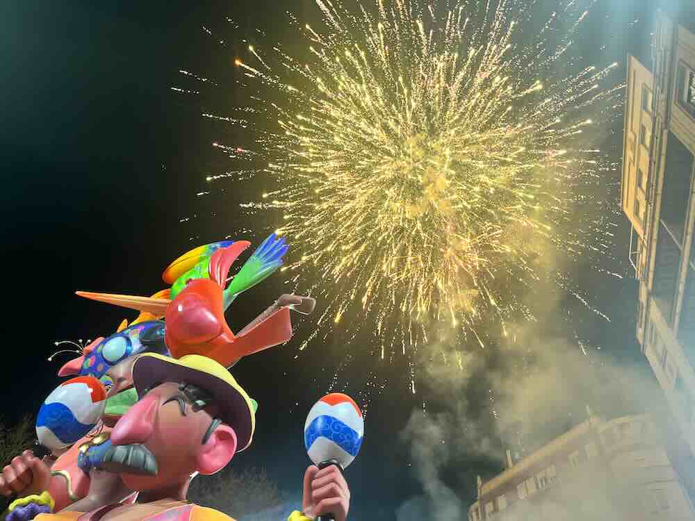 Fireworks and statue